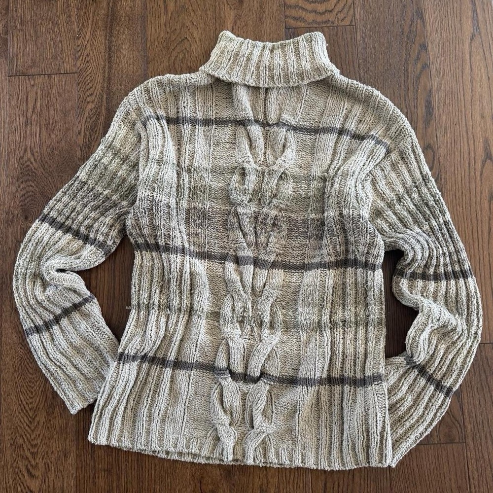Claborne Hand Knit Sweater Womens XL Chunky Cable Knit Turtleneck Beige